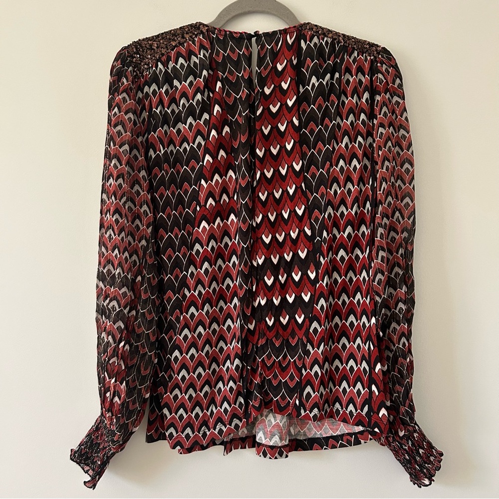 Anthropologie BL^NK London Black Red Sequin Shoulder Metallic Flowy Blouse S NWT - Picture 3 of 14